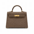 Mini Kelly II 19cm Sellier Etoupe Ostrich Gold Hardware Designer Mini Shoulder Purse — Small Structured Carry Style