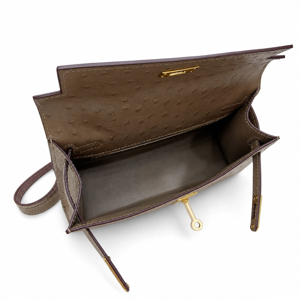 Mini Kelly II Sellier 19cm & 22cm Etoupe Ostrich Leather Gold Hardware — Elegant Compact Carry Style