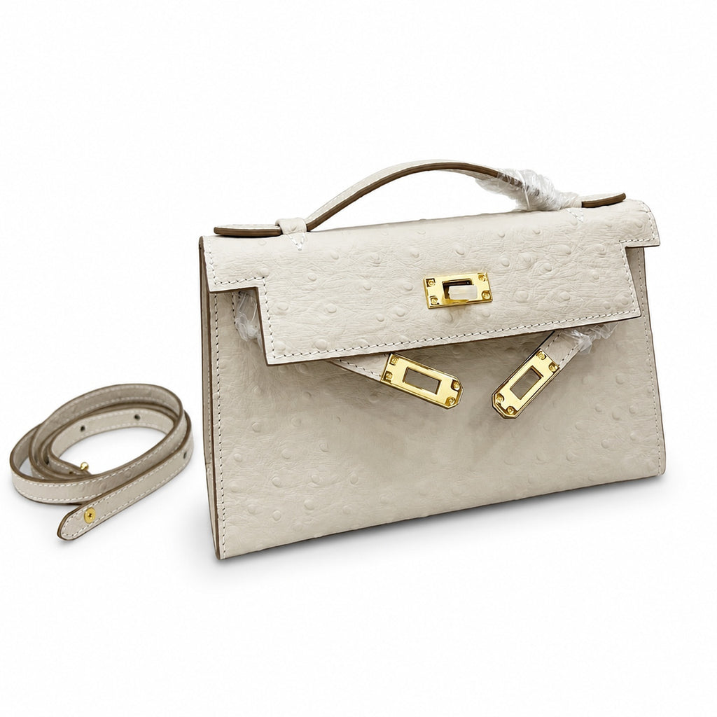 Mini Kelly II Sellier 19cm & 22cm Craie Ostrich Leather Gold Hardware — Timeless Mini Top-Handle Design