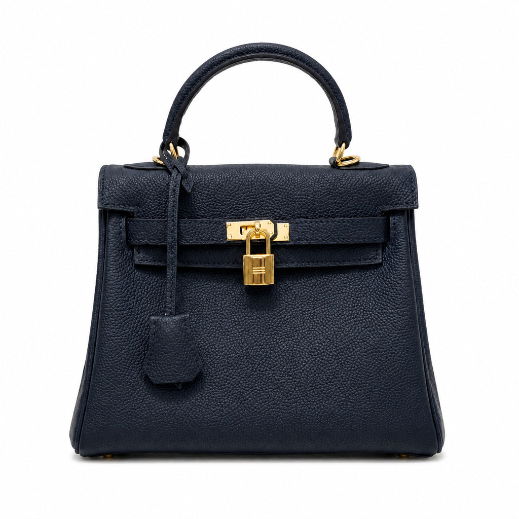 Kelly Sellier 20cm & 25cm & 28cm Bleu Nuit Togo Leather Gold Hardware — Timeless Top-Handle Design