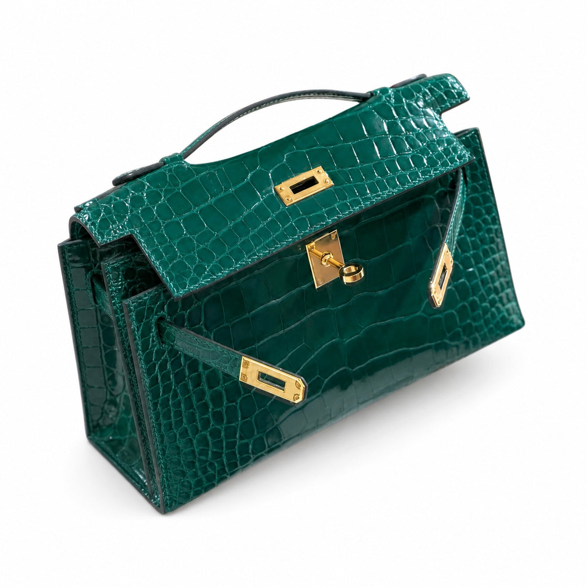 Kelly Pochette Vert Emeraude Shiny Niloticus Crocodile Leather Gold Hardware Women Clutch Bag — Polished Compact Shoulder Style