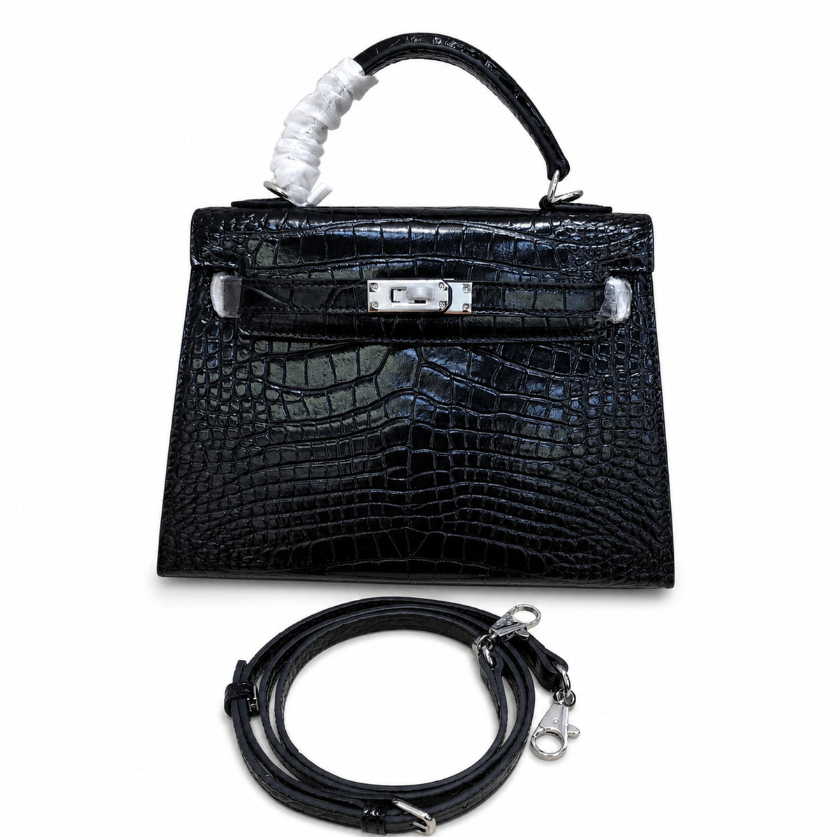 Kelly Sellier 22cm Noir Shiny Crocodile Leather Gold Hardware & Palladium Hardware — Classic Hand-Carry Silhouette