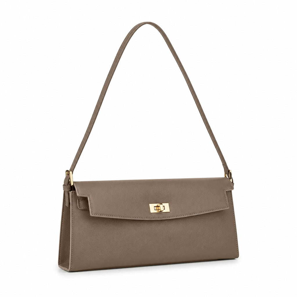 Kelly Elan 25x6.5x15cm Faux Kelly Underarm Baguette Bag in Khaki with Gold Hardware — Refined Underarm Handbag