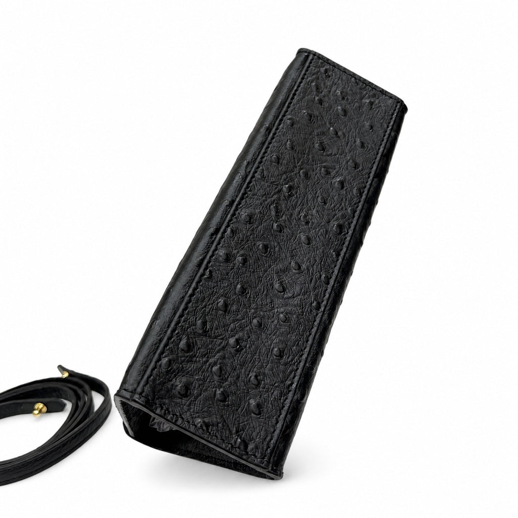 Mini Kelly Sellier 22cm Noir Ostrich Leather Gold Hardware — Small Structured Carry Style