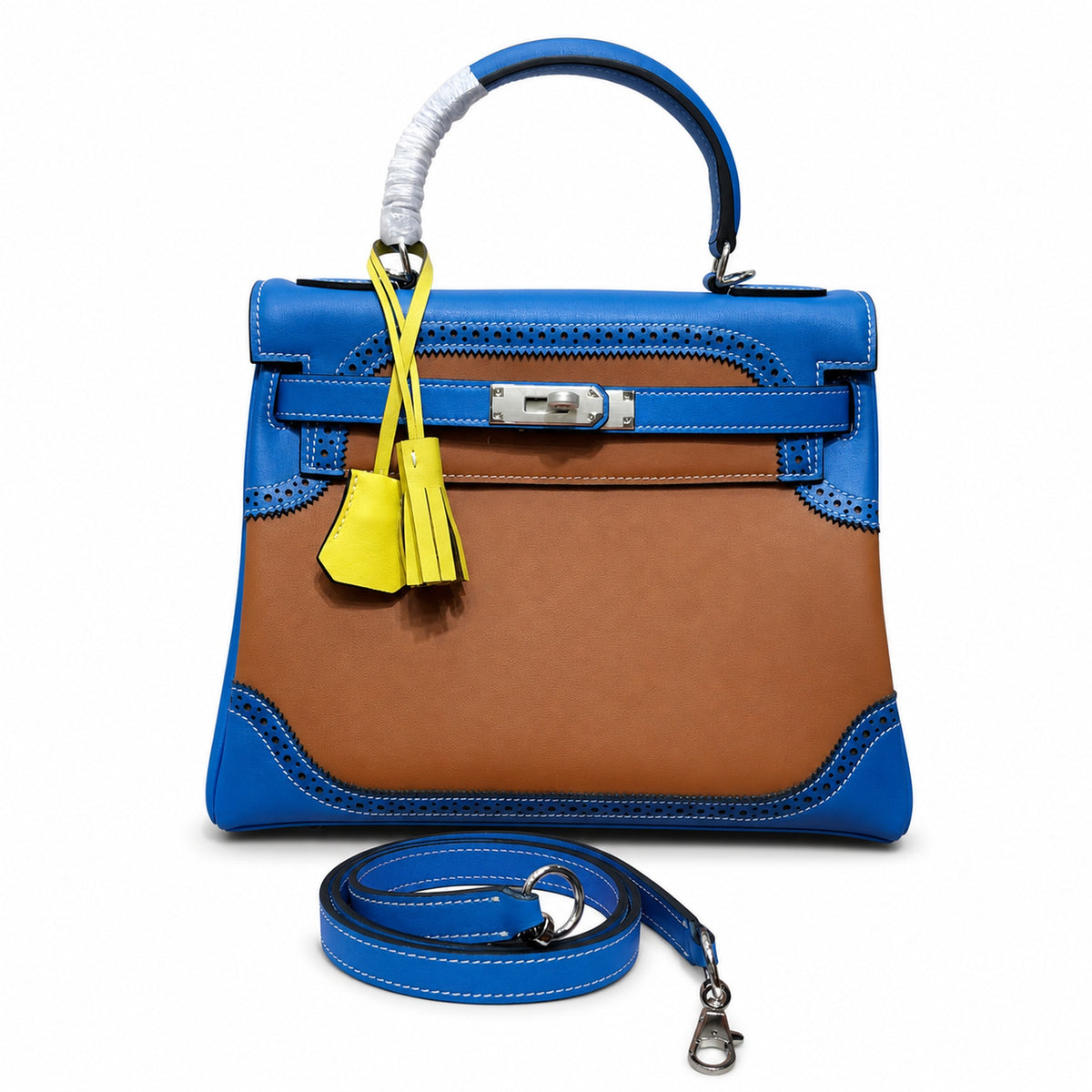 Kelly Sellier Ghillies 28cm Bleu Izmir & Natural Sable Barenia Leather Palladium Hardware — Refined Top-Handle Bag