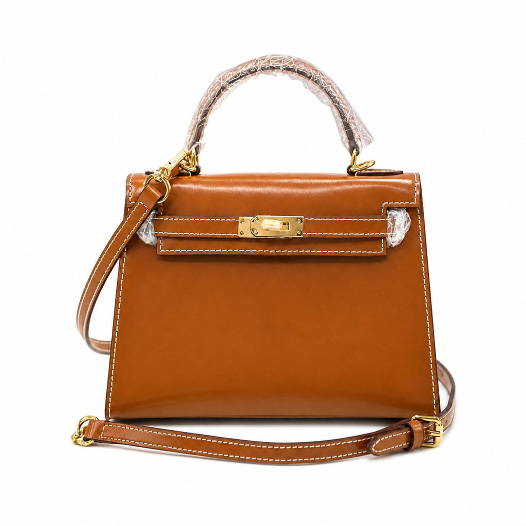 Kelly Sellier 19cm & 22cm & 25cm Gold Box Calf Leather Gold Hardware & Palladium Hardware — Distinctive Hand-Carry Bag