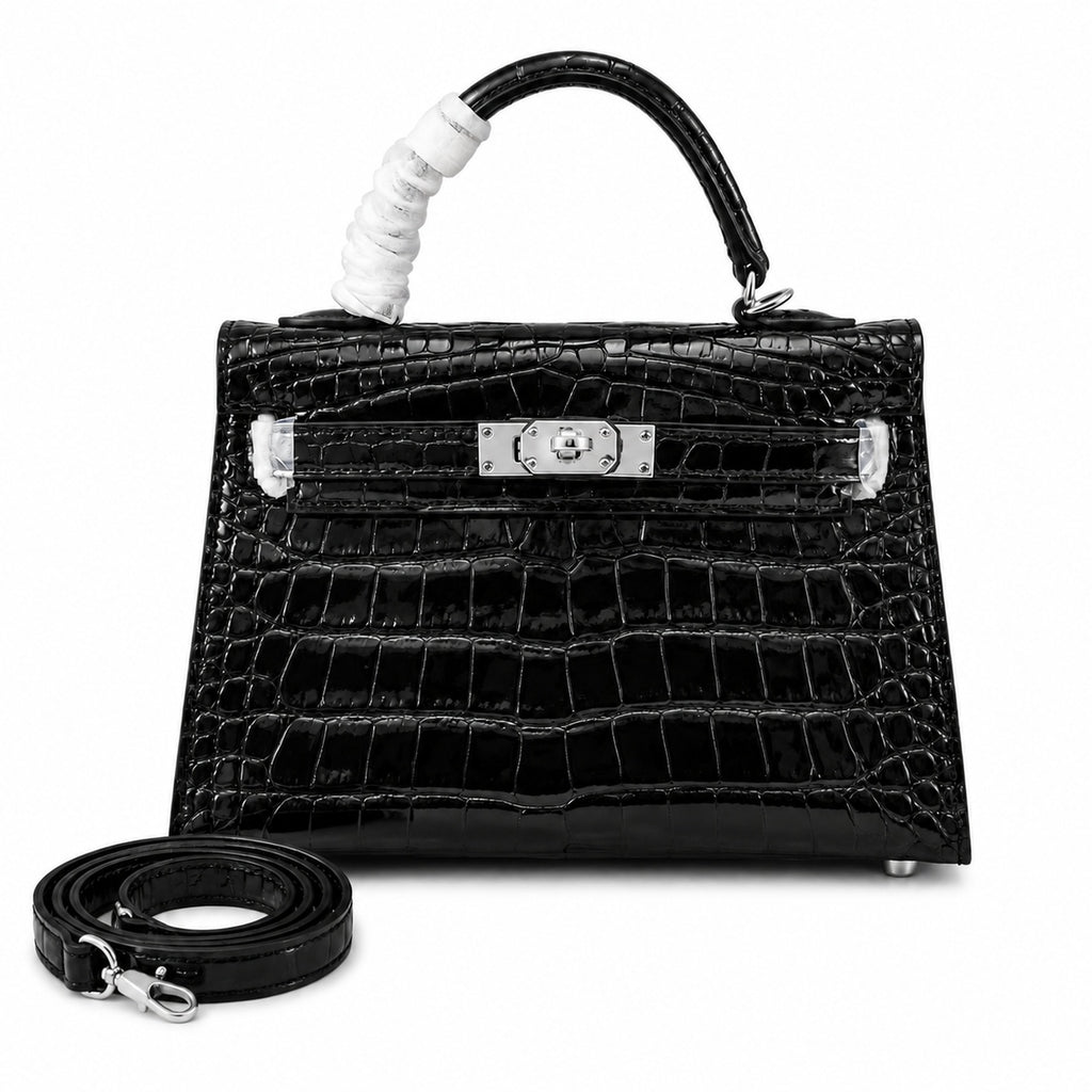 Kelly Sellier 19cm Noir Shiny Crocodile Leather Gold Hardware & Palladium Hardware — Sophisticated Carry Design