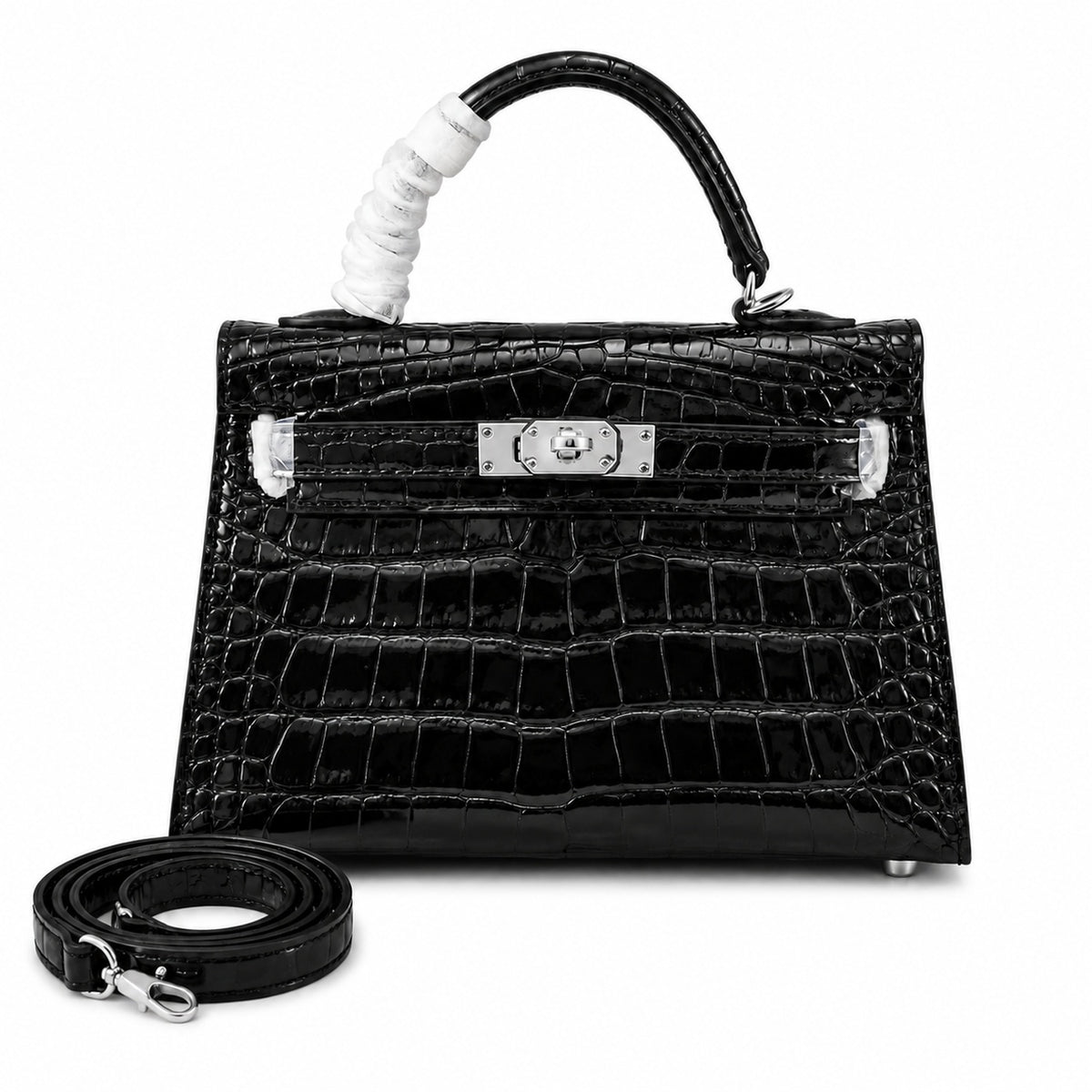 Kelly Sellier 19cm Noir Shiny Crocodile Leather Gold Hardware & Palladium Hardware — Sophisticated Carry Design