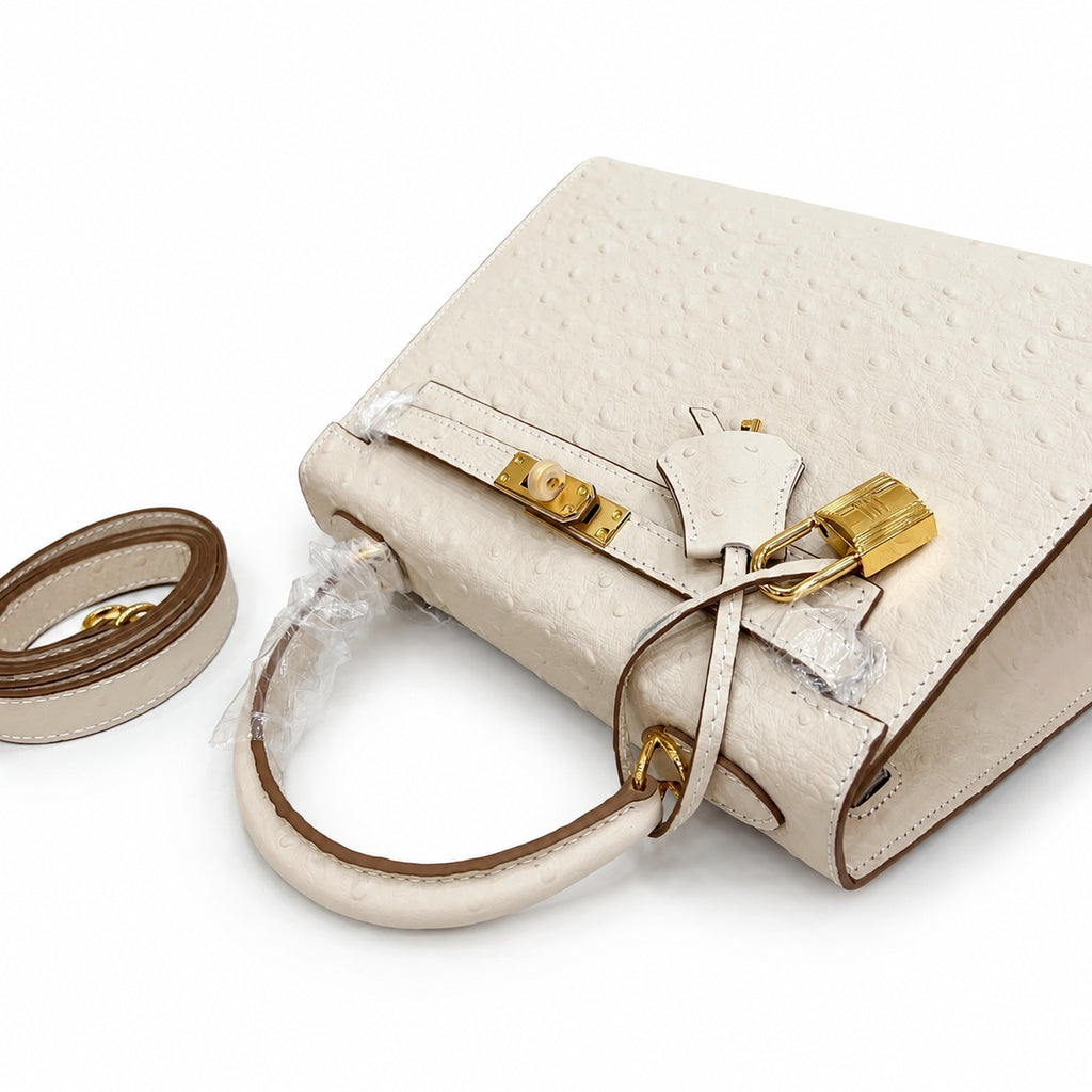 Kelly Sellier 25cm Craie Ostrich Gold Hardware Premium Women Shoulder Purse — Streamlined Top-Handle Handbag