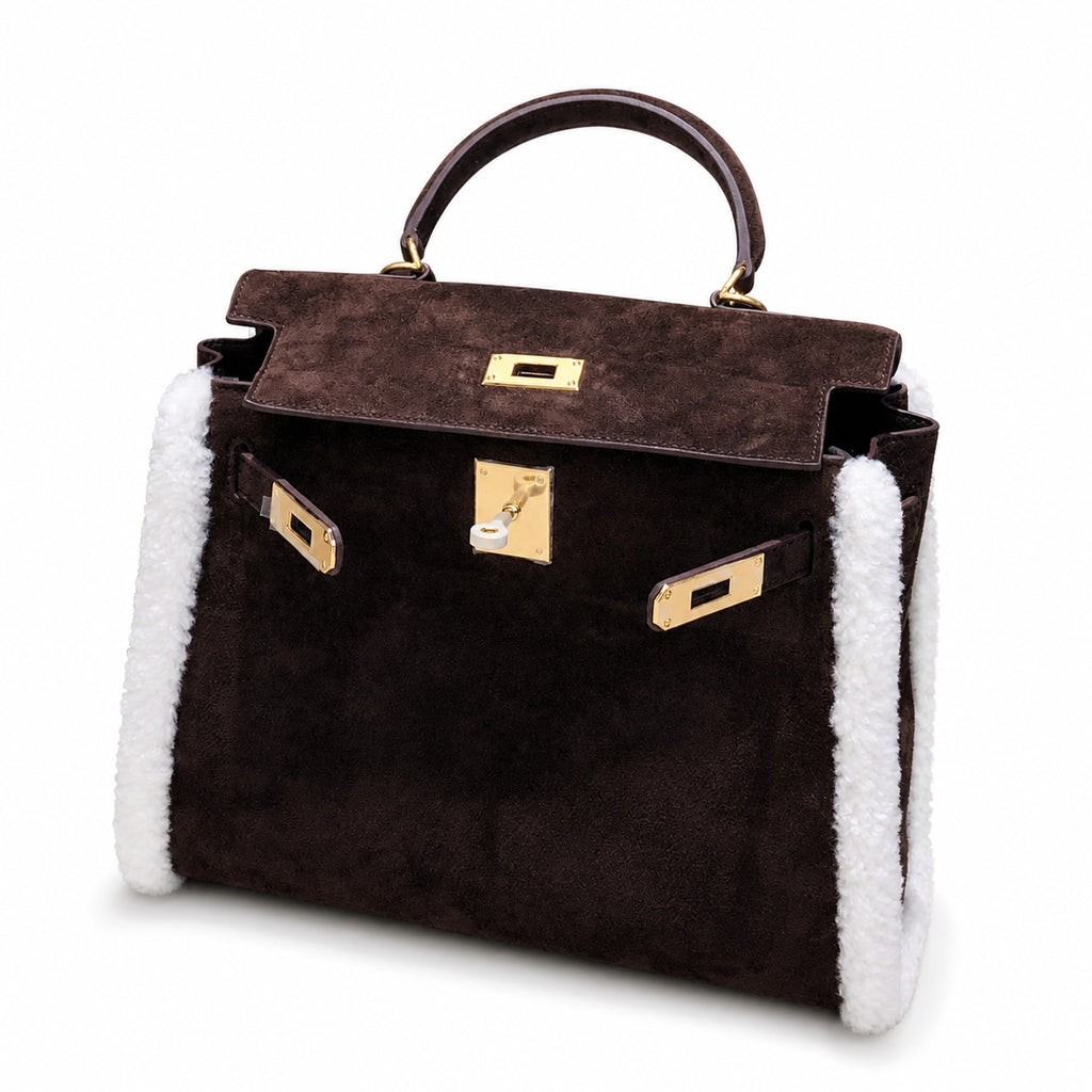 Kelly Sellier 28cm Ebene Suede Leather Gold Hardware Commute Shoulder — Polished Structured Handbag