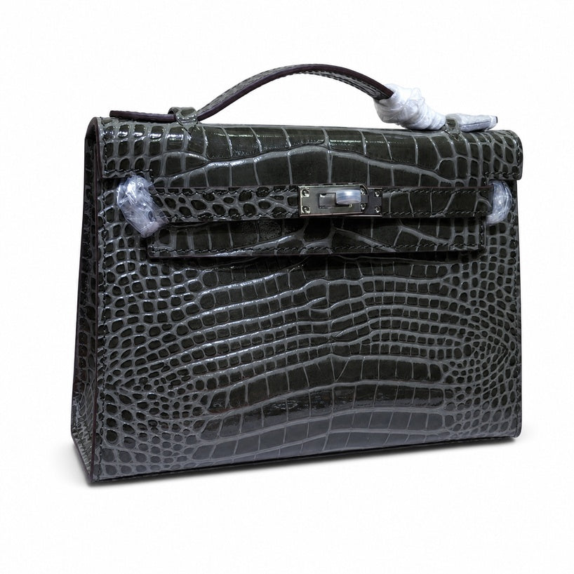Kelly Pochette Gris Elephant Shiny Niloticus Crocodile Leather Palladium Hardware & Palladium Hardware Women Clutch Bag — Refined Small Hand-Carry Bag