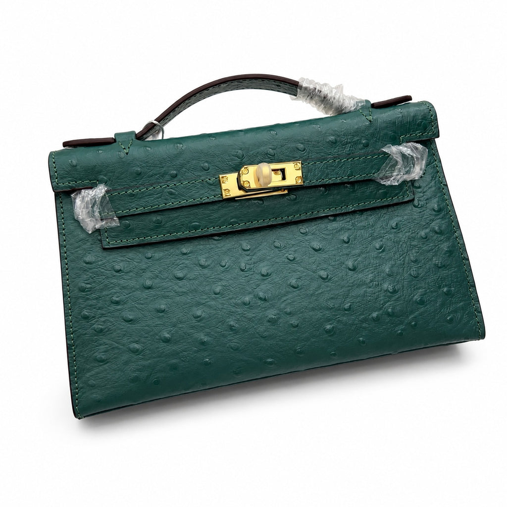 Mini Kelly II Sellier 19cm & 22cm Vert Fonce Ostrich Leather Gold Hardware — Sophisticated Small-Scale Bag