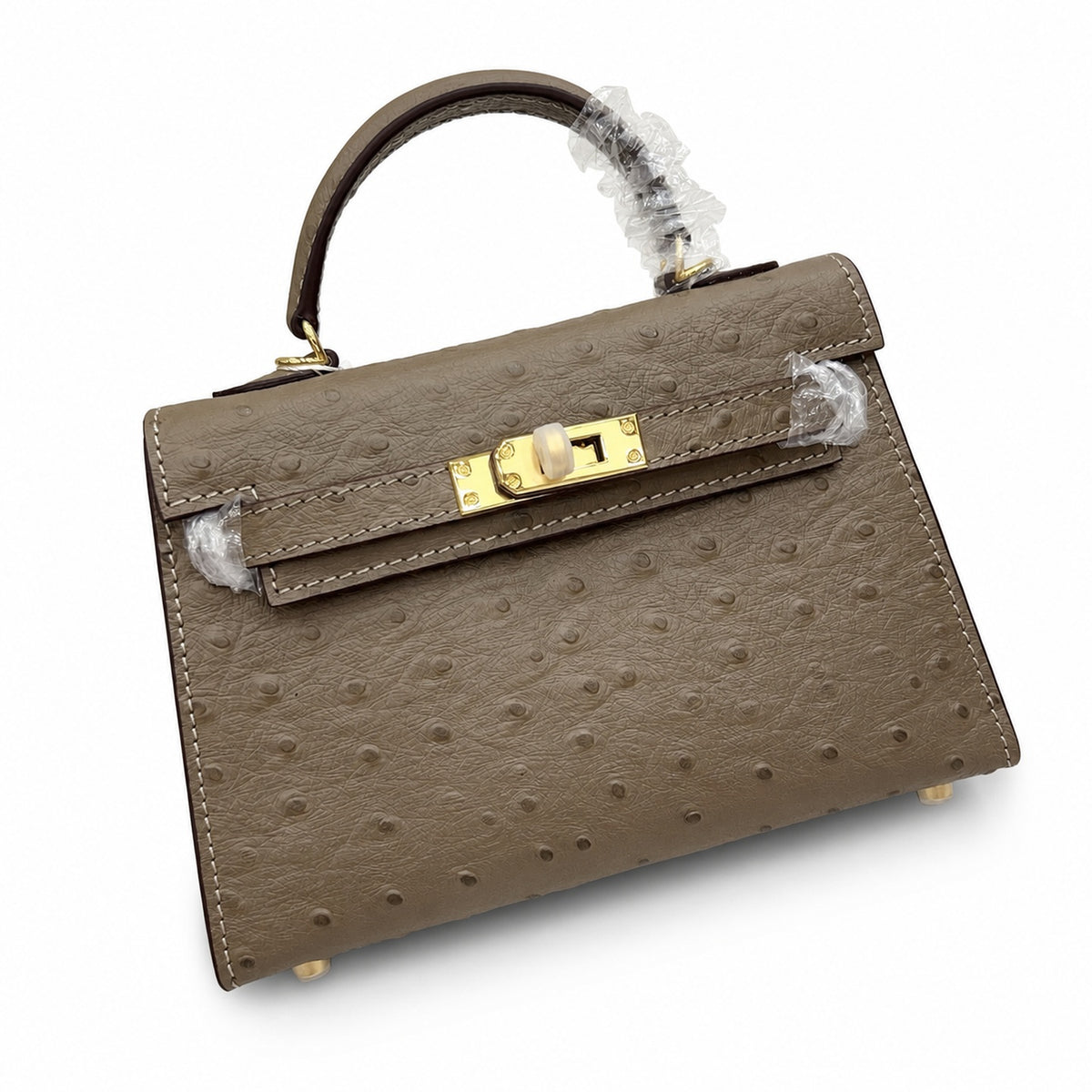 Mini Kelly II 19cm Sellier Etoupe Ostrich Gold Hardware Designer Mini Shoulder Purse — Small Structured Carry Style