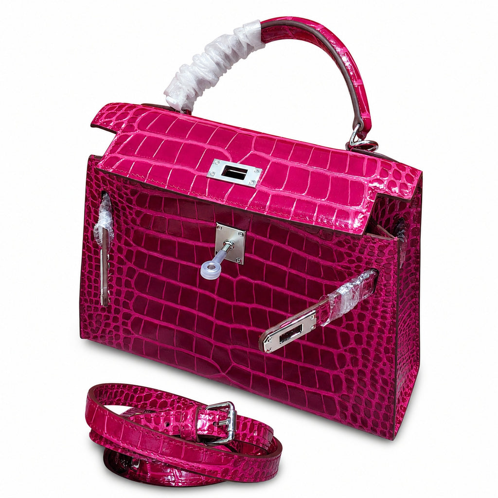 Kelly Sellier 22cm Fuchsia Shiny Crocodile Leather Gold Hardware & Palladium Hardware — Streamlined Top-Handle Handbag