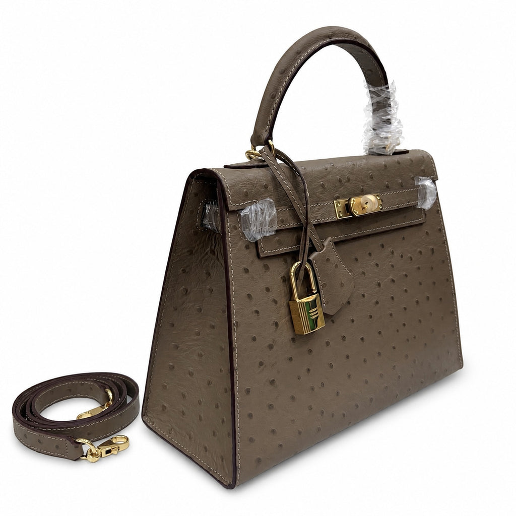 Hermès Kelly Sellier 25 Ostrich Etoupe Gold Hardware — Classic Hand-Carry Silhouette
