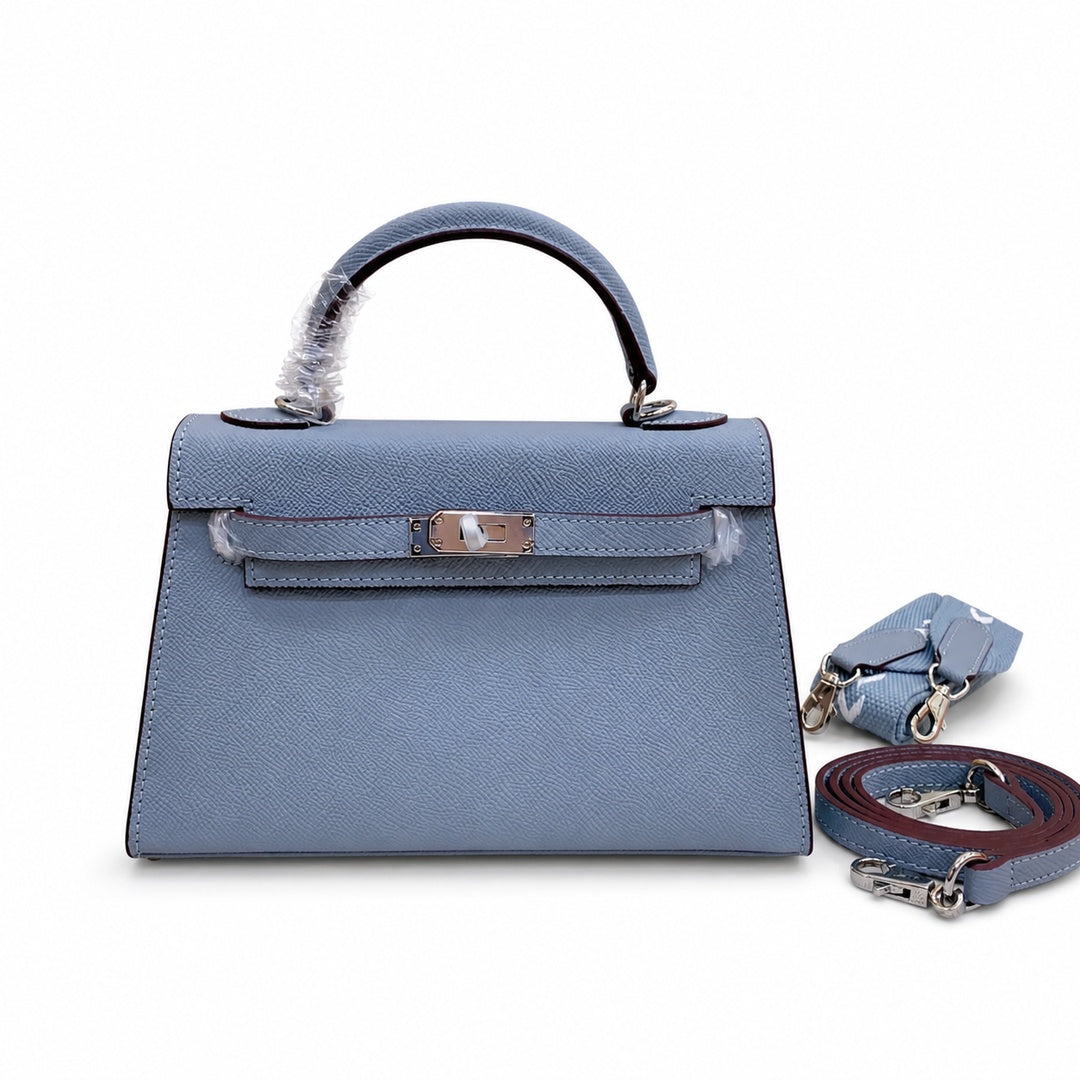 Mini Kelly II Sellier 19cm & 22cm Bleu Lin Epsom Leather Palladium Hardware — Timeless Mini Top-Handle Design