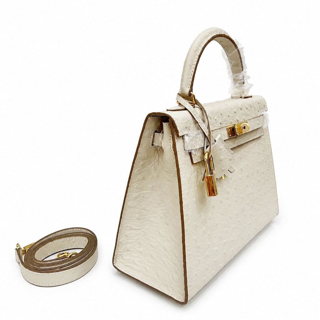 Kelly Sellier 25cm Craie Ostrich Gold Hardware Premium Women Shoulder Purse — Streamlined Top-Handle Handbag