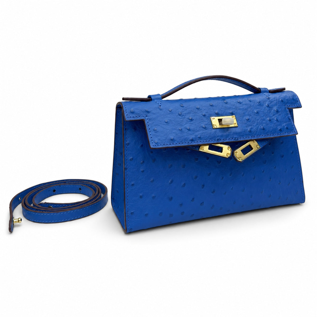 Mini Kelly Sellier 22cm Bleu Electrique Ostrich Leather Gold Hardware — Distinctive Petite Bag