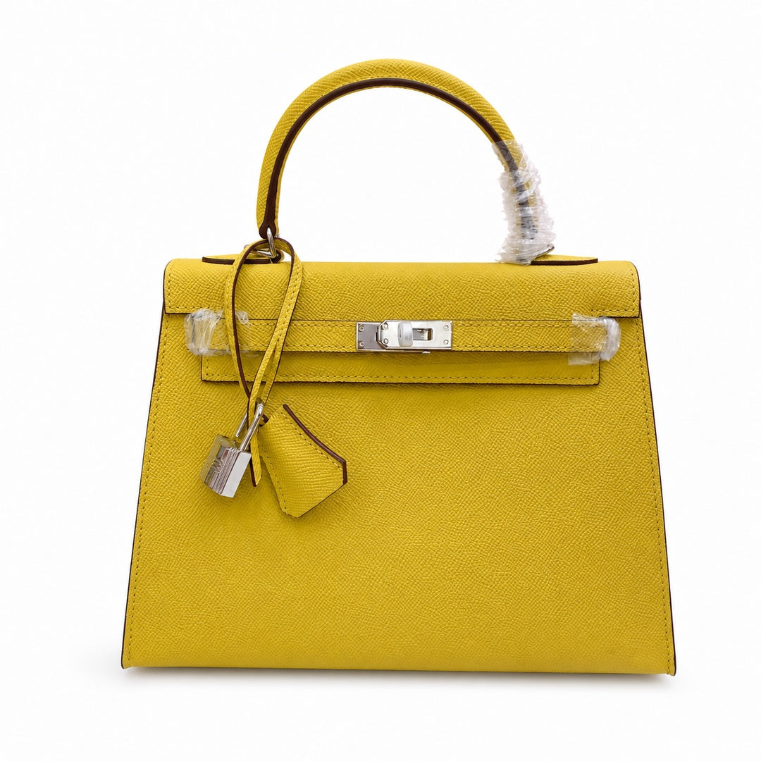 Kelly Sellier 25cm & 28cm Jaune Ambre Epsom Leather Palladium Hardware Women Luxury — Refined Top-Handle Bag