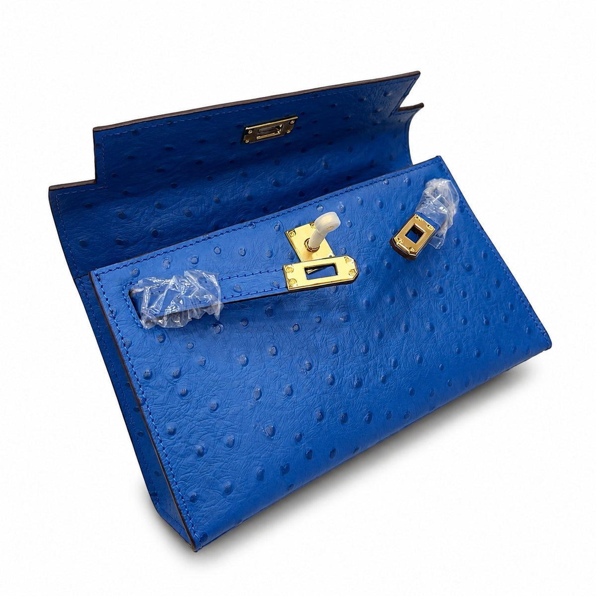 Mini Kelly Sellier 22cm Bleu Electrique Ostrich Leather Gold Hardware — Distinctive Petite Bag