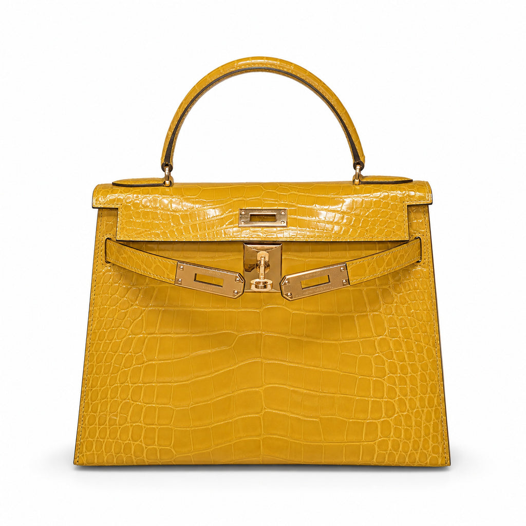 Kelly Sellier 19cm Jaune Ambre Shiny Crocodile Leather Gold Hardware & Palladium Hardware — Structured Top-Handle Handbag