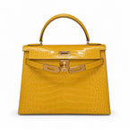 Kelly Sellier 19cm Jaune Ambre Shiny Crocodile Leather Gold Hardware & Palladium Hardware — Structured Top-Handle Handbag