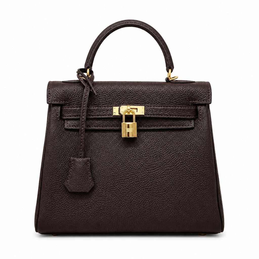 Kelly Sellier 20cm & 25cm & 28cm Marron Foncé Togo Leather Gold Hardware — Structured Top-Handle Handbag