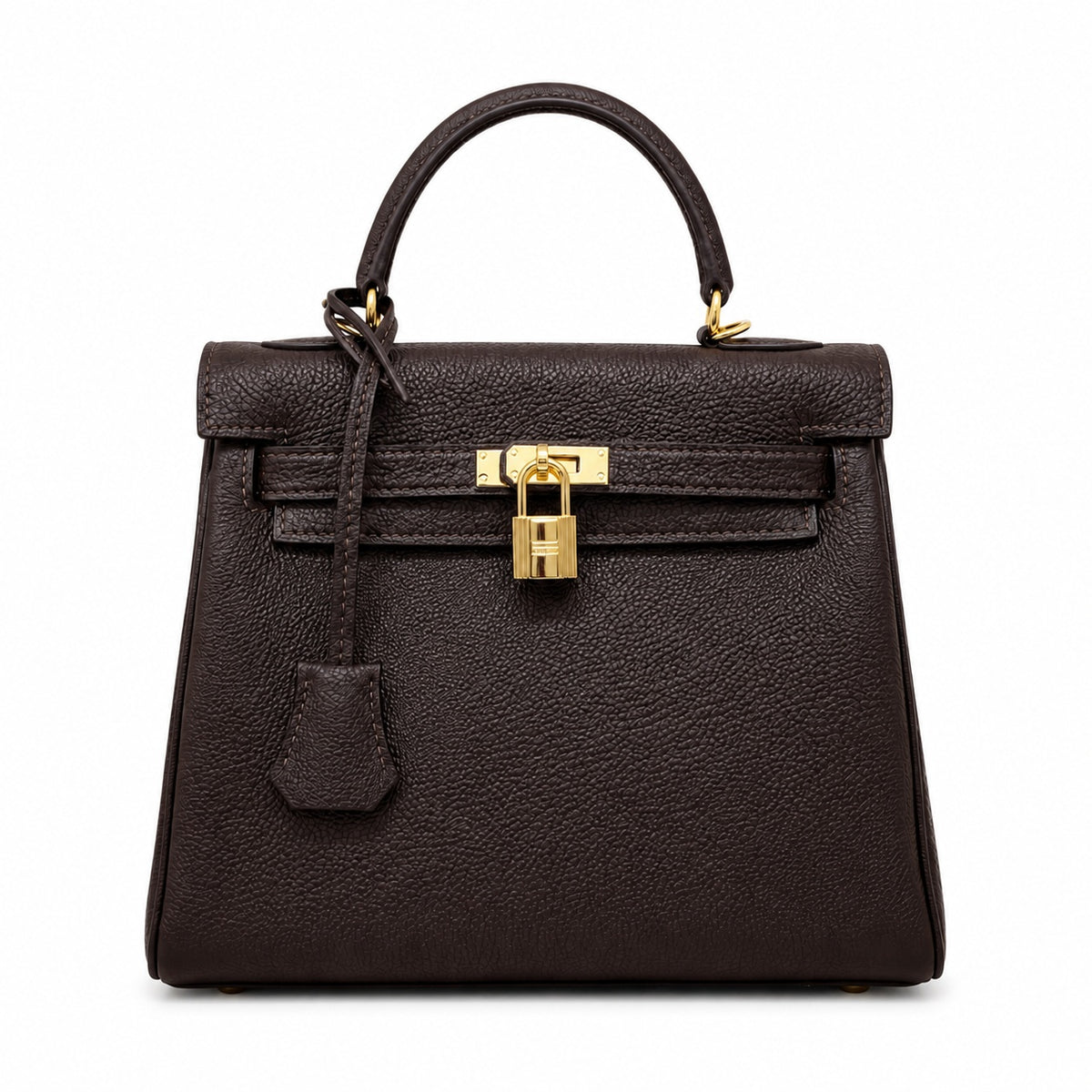 Kelly Sellier 20cm & 25cm & 28cm Marron Foncé Togo Leather Gold Hardware — Structured Top-Handle Handbag