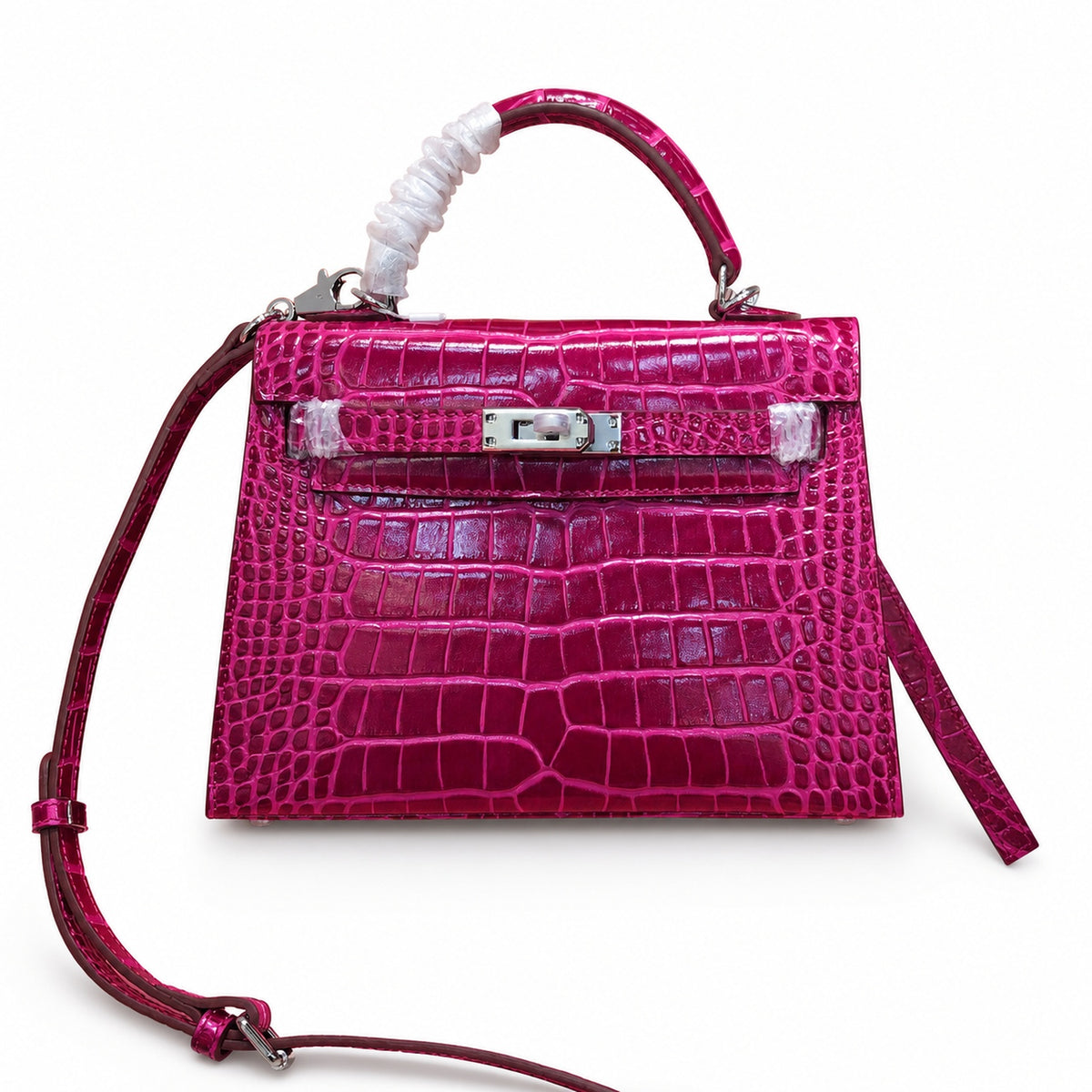 Kelly Sellier 22cm Fuchsia Shiny Crocodile Leather Gold Hardware & Palladium Hardware — Streamlined Top-Handle Handbag