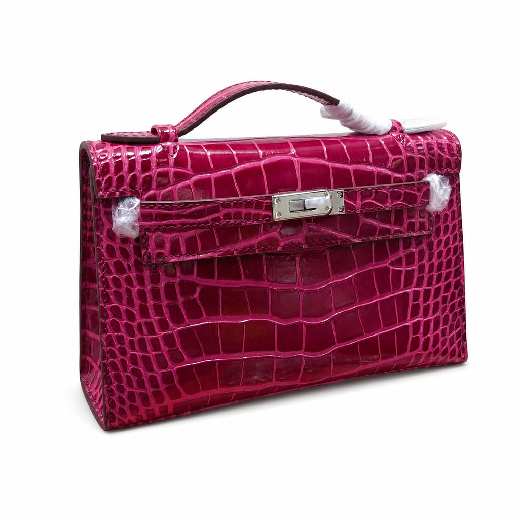 Kelly Pochette Fuchsia Shiny Niloticus Crocodile Leather Palladium Hardware Women Clutch Bag — Refined Small Hand-Carry Bag