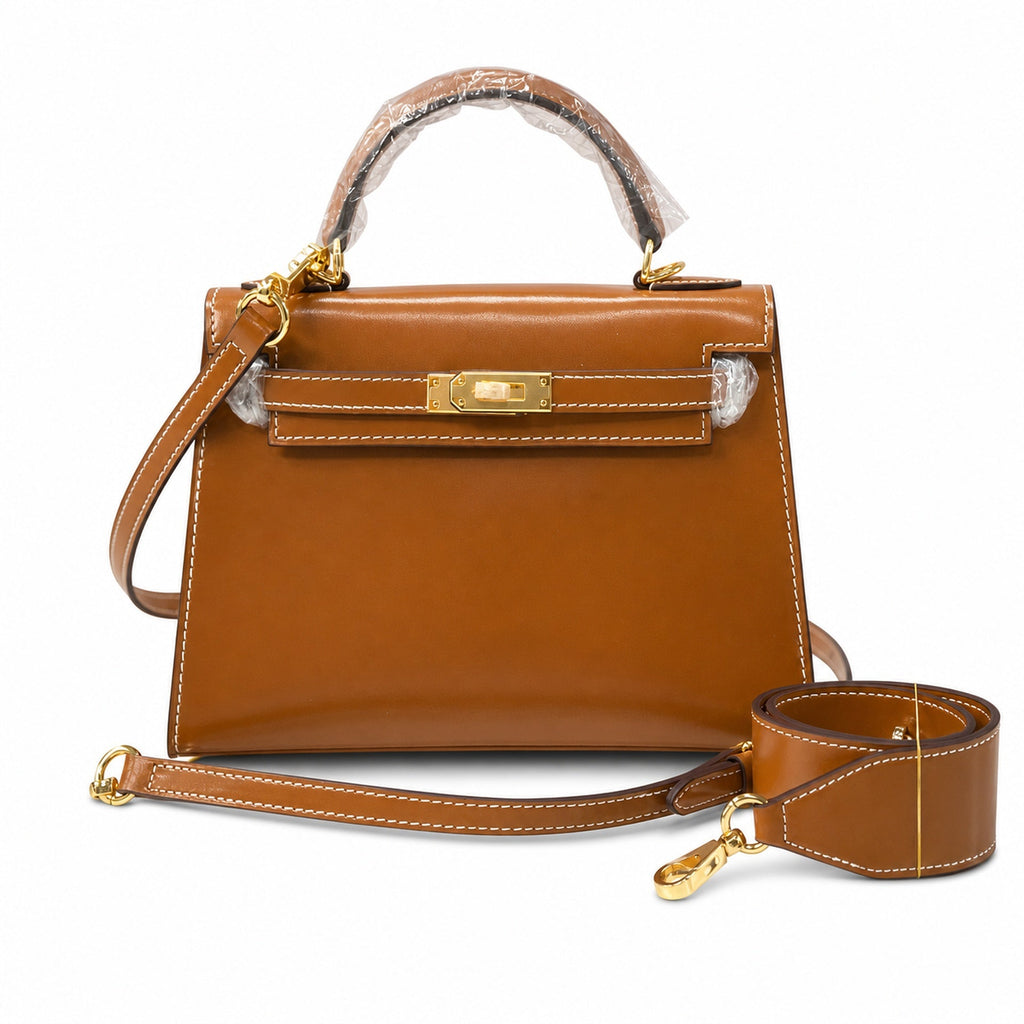 Kelly Sellier 19cm & 22cm & 25cm Gold Box Calf Leather Gold Hardware & Palladium Hardware — Distinctive Hand-Carry Bag