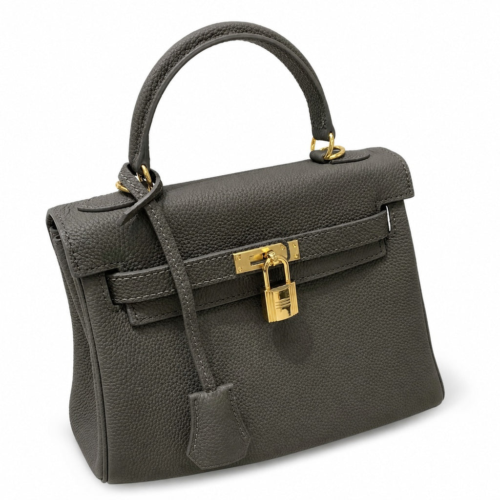 Kelly Sellier 20cm & 25cm & 28cm Gris Asphalte Togo Leather Gold Hardware — Polished Structured Handbag