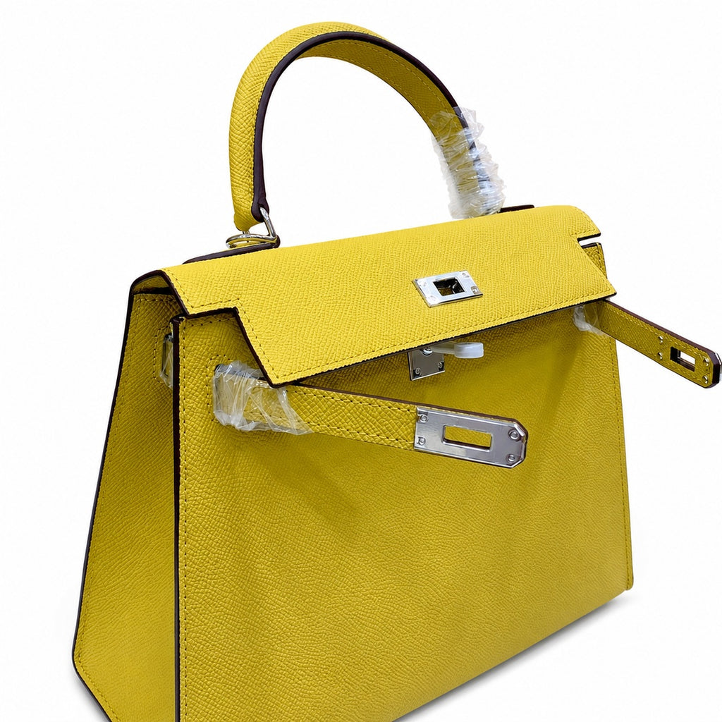 Kelly Sellier 25cm & 28cm Jaune Ambre Epsom Leather Palladium Hardware Women Luxury — Refined Top-Handle Bag