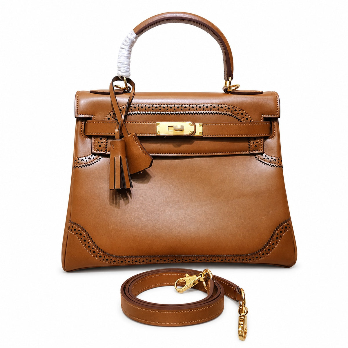 Kelly Sellier Ghillies 28cm Natural Sable Barenia Leather Gold Hardware — Streamlined Top-Handle Handbag
