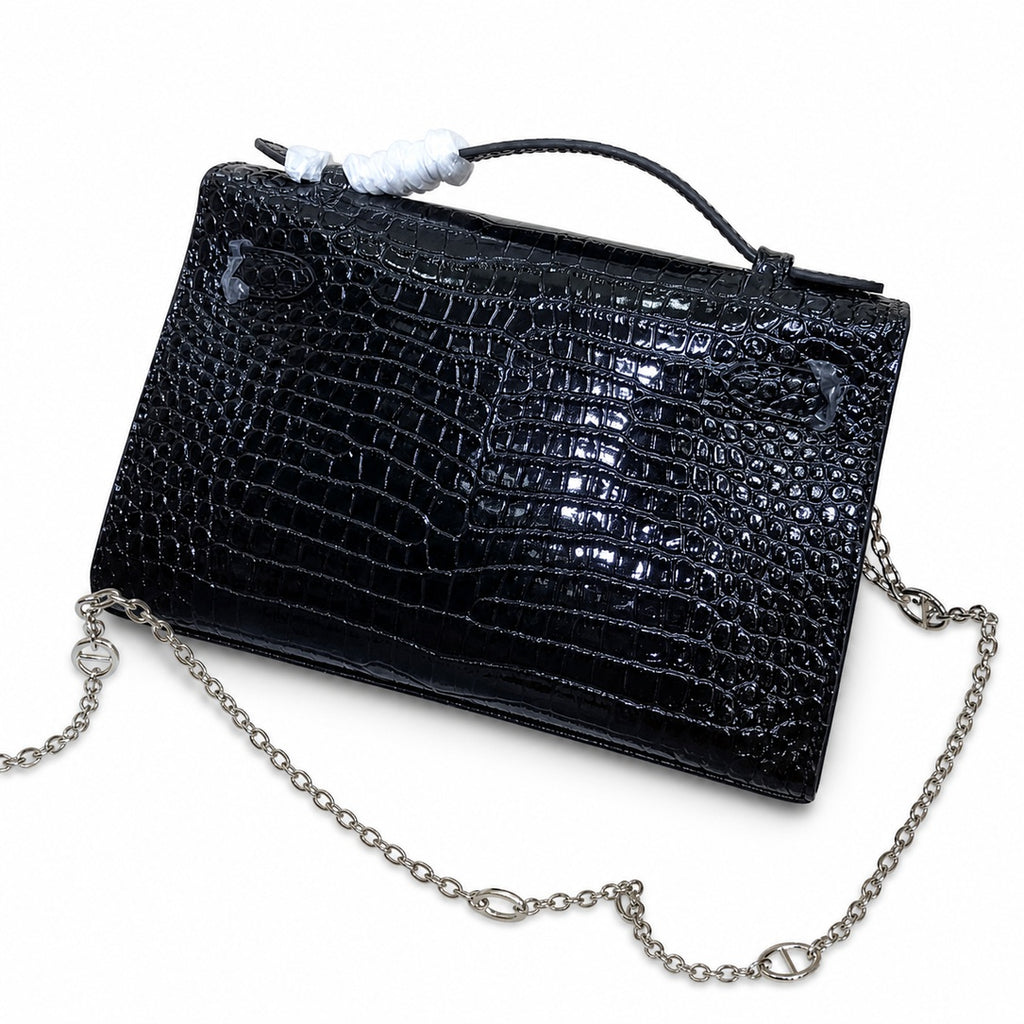 Kelly Pochette Noir Shiny Niloticus Crocodile Leather Palladium Hardware & Palladium Hardware Women Clutch Bag — Elegant Petite Clutch
