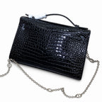 Kelly Pochette Noir Shiny Niloticus Crocodile Leather Palladium Hardware & Palladium Hardware Women Clutch Bag — Elegant Petite Clutch