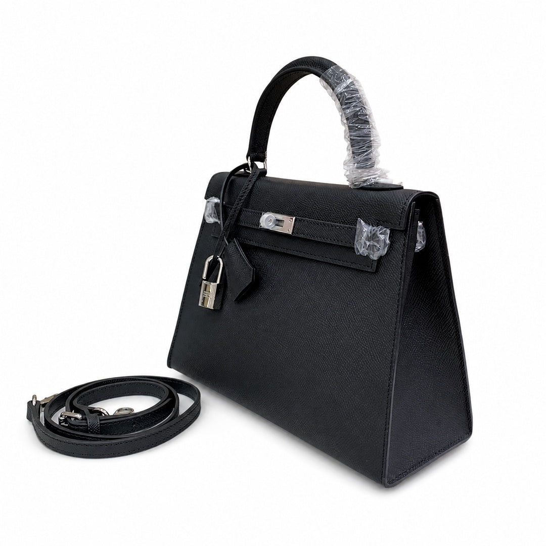 Kelly Sellier 25cm & 28cm Noir Epsom Leather Palladium Hardware Women Luxury — Distinctive Hand-Carry Bag