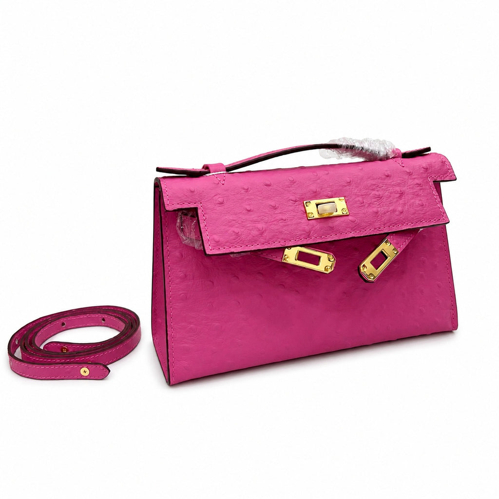 Mini Kelly Sellier 22cm Rose Tyrien Ostrich Leather Gold Hardware — Elegant Compact Carry Style