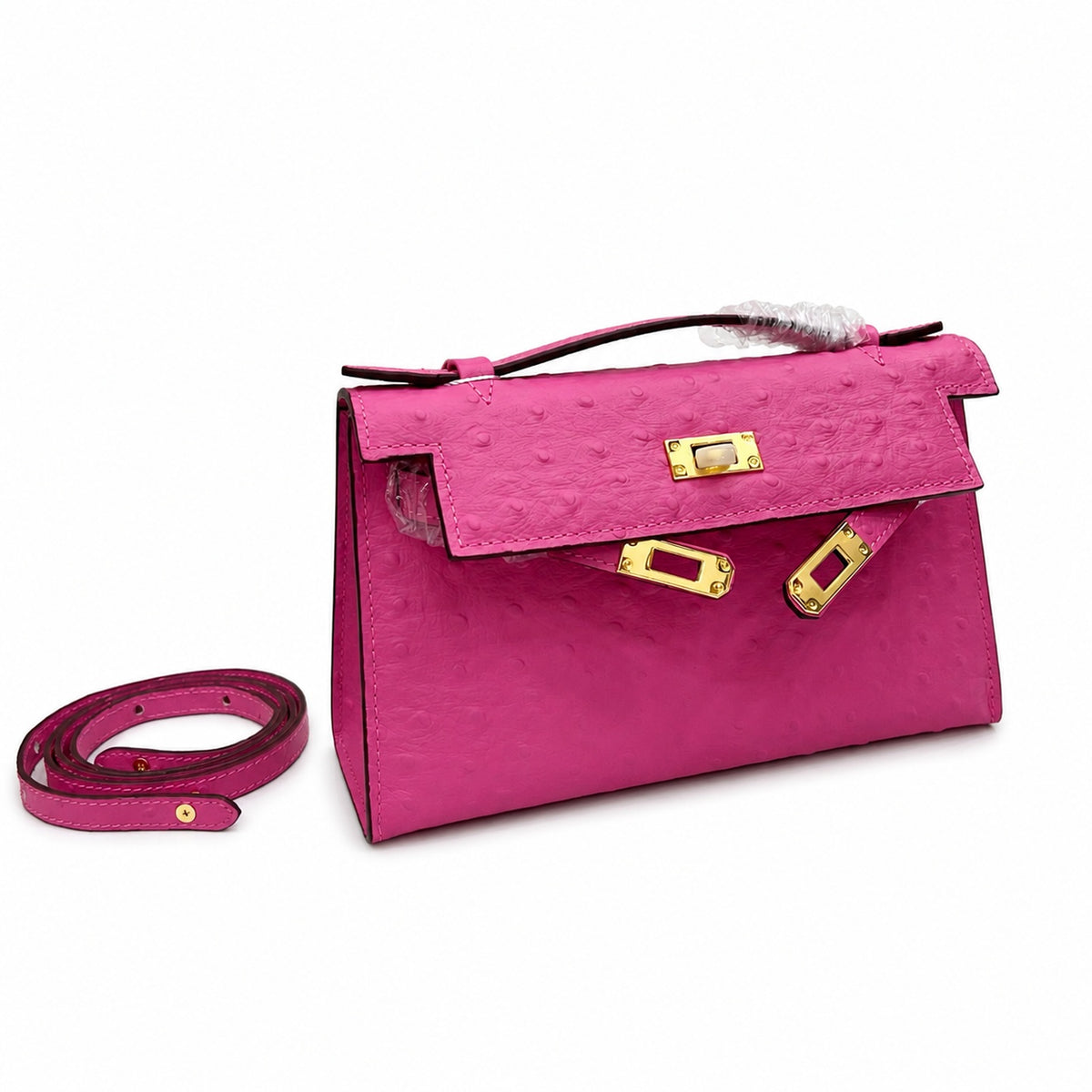 Mini Kelly Sellier 22cm Rose Tyrien Ostrich Leather Gold Hardware — Elegant Compact Carry Style