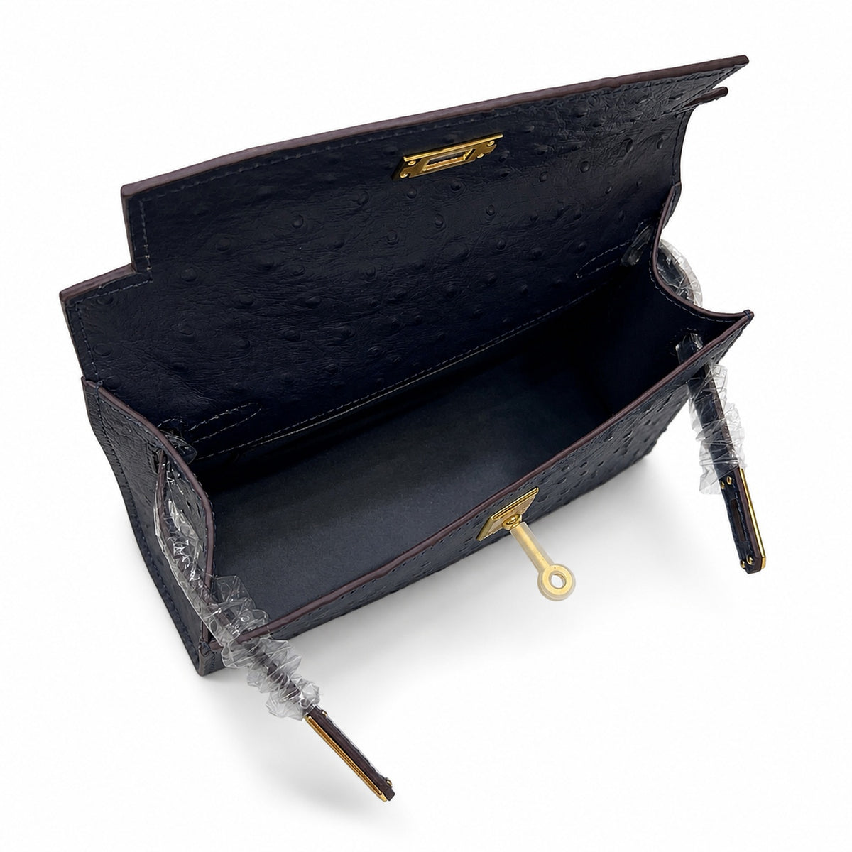 Mini Kelly Sellier 22cm Bleu Nuit Ostrich Leather Gold Hardware — Compact Top-Handle Bag