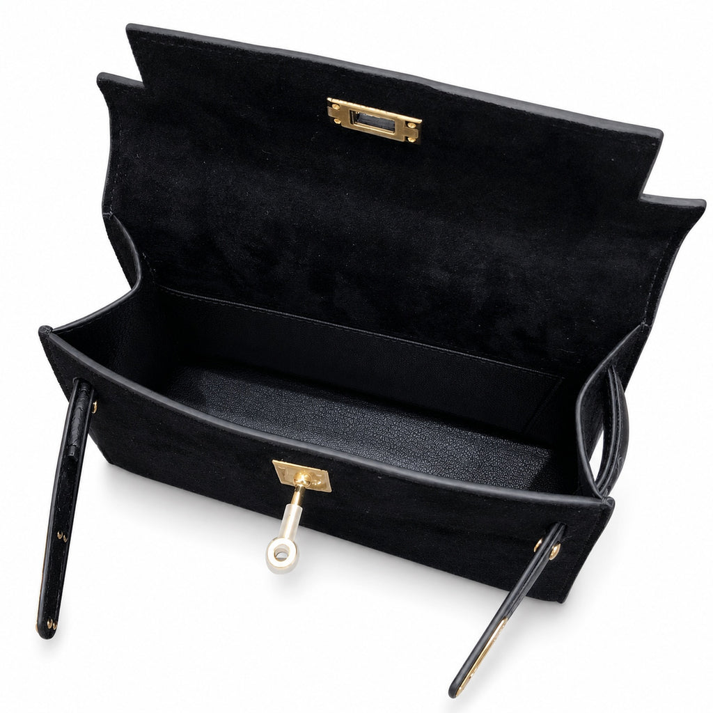 Kelly Sellier 22cm Noir Suede Leather Gold Hardware — Polished Structured Handbag