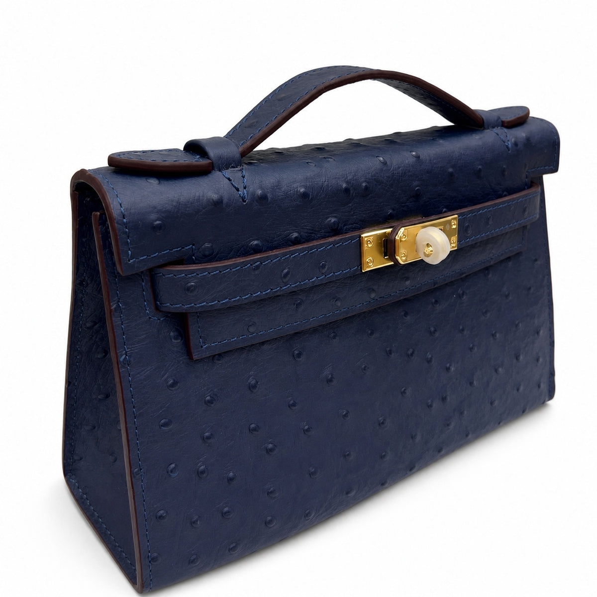 Mini Kelly Sellier 22cm Bleu Nuit Ostrich Leather Gold Hardware — Compact Top-Handle Bag