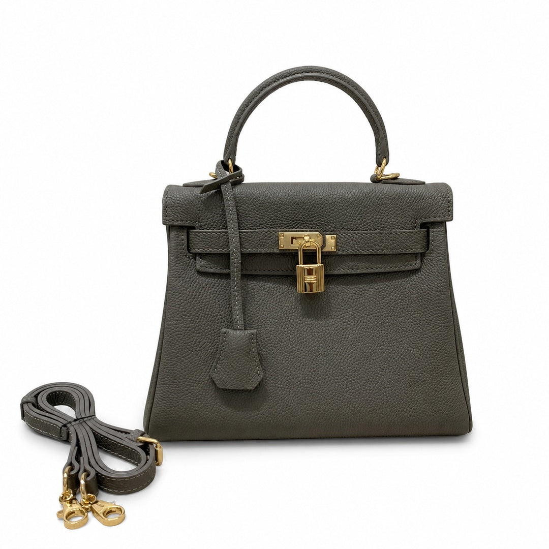 Kelly Sellier 20cm & 25cm & 28cm Gris Asphalte Togo Leather Gold Hardware — Polished Structured Handbag