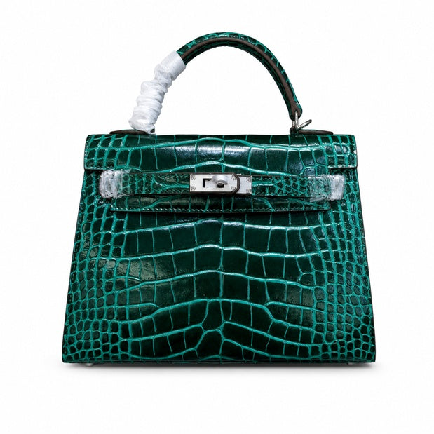 Kelly Sellier 22cm Vert Emeraude Shiny Crocodile Leather Gold Hardware & Palladium Hardware — Distinctive Hand-Carry Bag