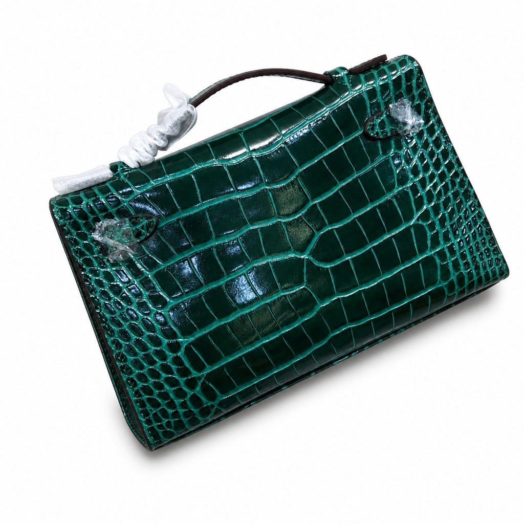 Kelly Pochette Vert Emeraude Shiny Niloticus Crocodile Leather Palladium Hardware Women Clutch Bag — Refined Small Hand-Carry Bag