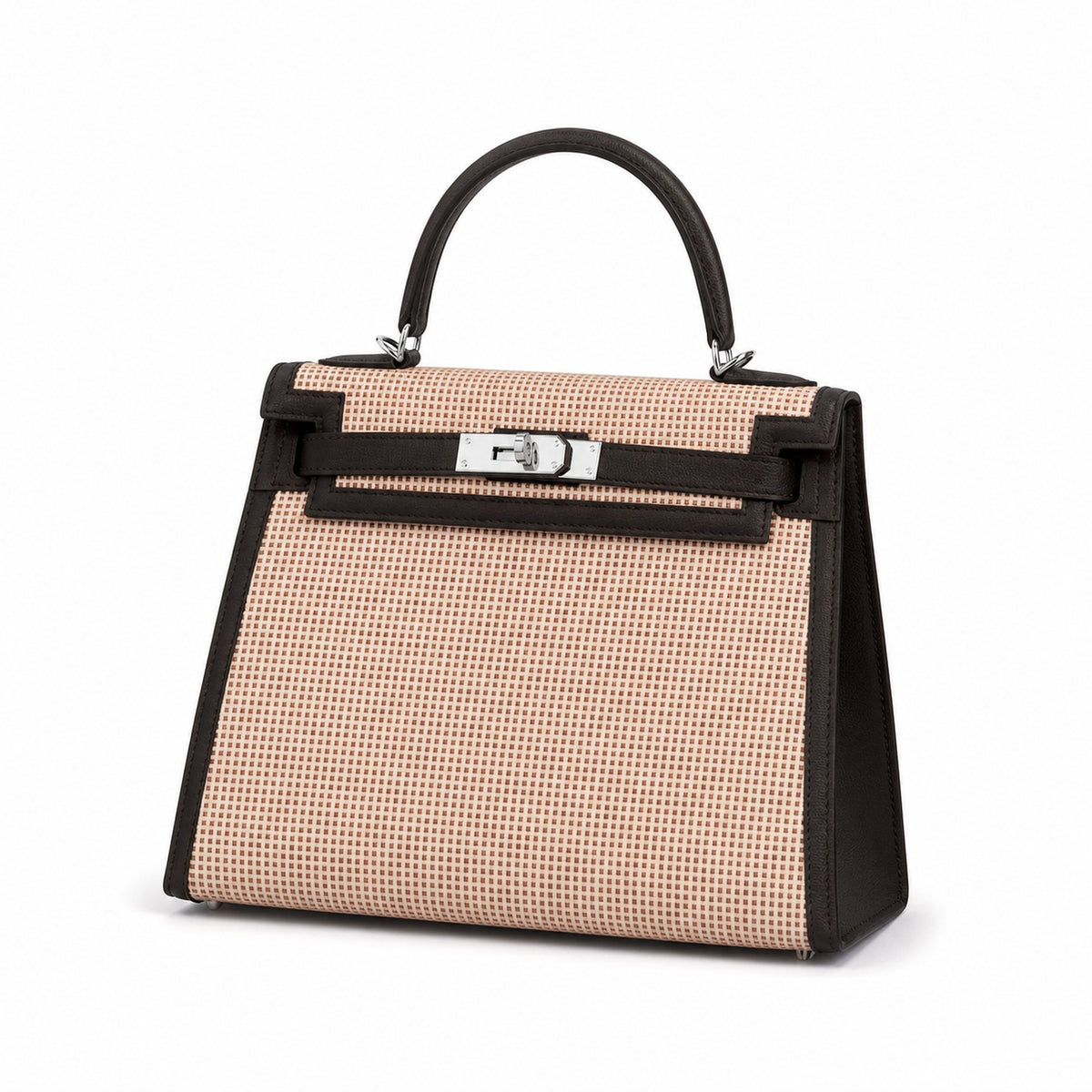 Kelly 25cm Patchwork Canvas and Swift Leather in Warm Brown — Versatile Structured Bag