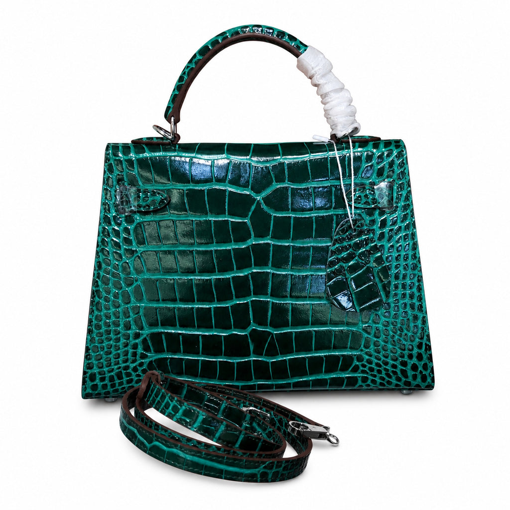 Kelly Sellier 22cm Vert Emeraude Shiny Crocodile Leather Gold Hardware & Palladium Hardware — Distinctive Hand-Carry Bag