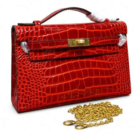 Kelly Pochette Rouge Casa Shiny Niloticus Crocodile Leather Gold Hardware Women Clutch Bag — Elegant Petite Clutch