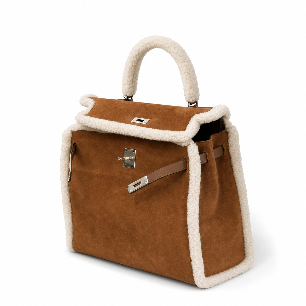 Kelly Sellier 28cm Ebene Suede Leather Gold Hardware Commute Shoulder — Polished Structured Handbag