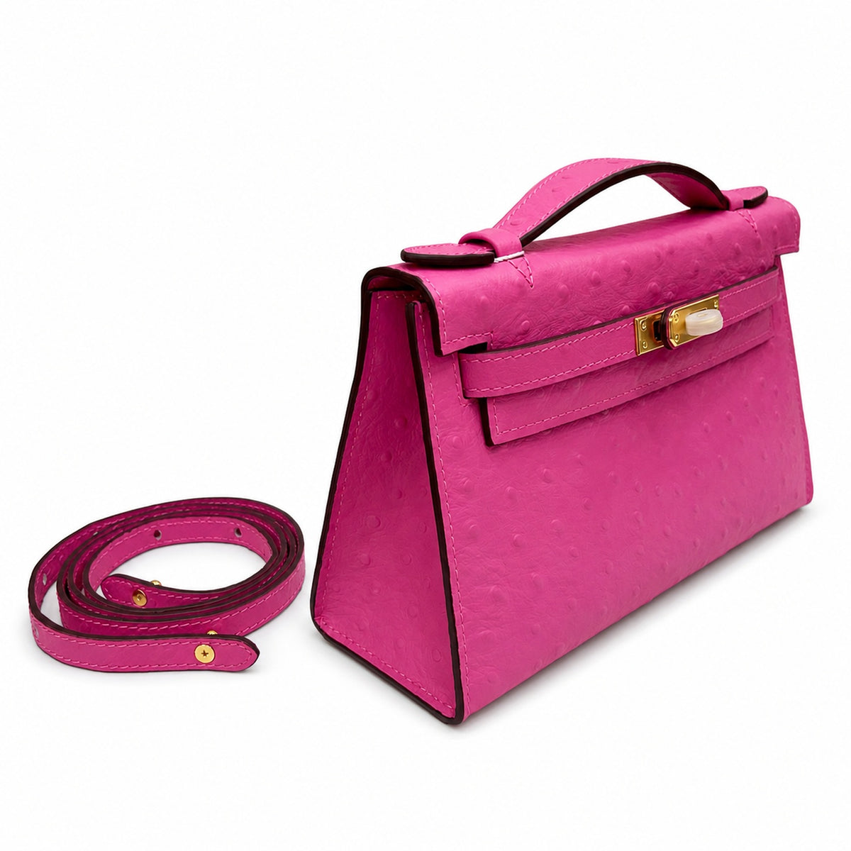 Mini Kelly Sellier 22cm Rose Tyrien Ostrich Leather Gold Hardware — Elegant Compact Carry Style